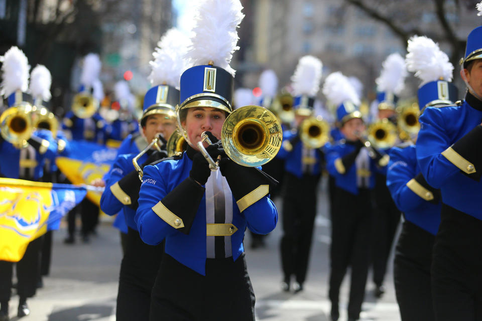 A marching band performs during the St. Patrick's Day Parade, March 16, 2019 in New York. (Photo: Gordon Donovan/Yahoo News) 