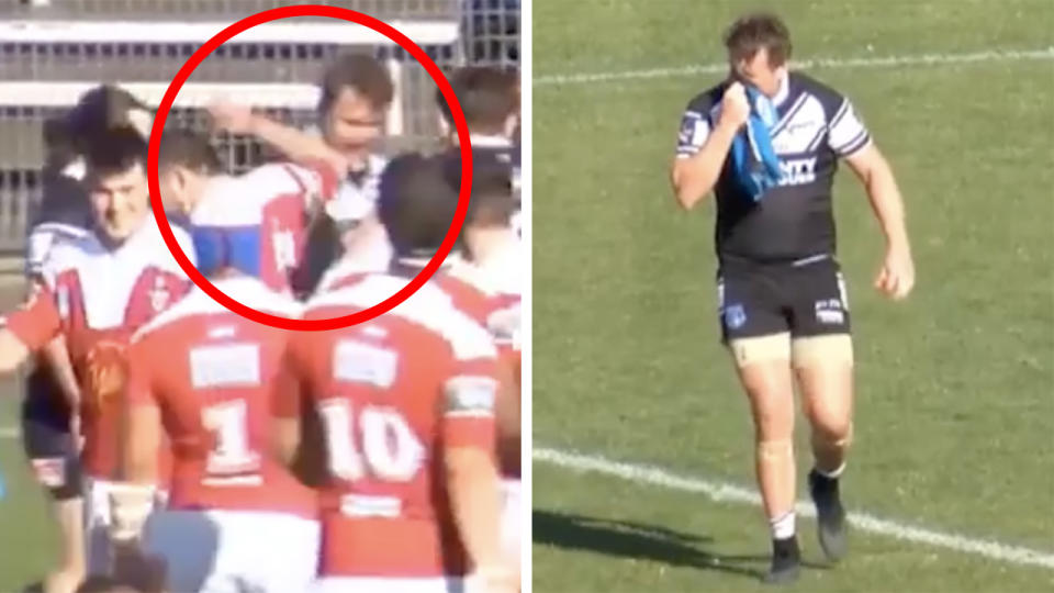 A 50-50 split image shows Beau Ryan appearing to smear blood on a passing rival on the left, and him wiping his nose on the right.