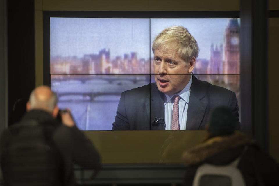 Boris Johnson is seen on a screen at BBC Broadcasting House in London during a live appearance on the Andrew Marr show (Picture: PA)