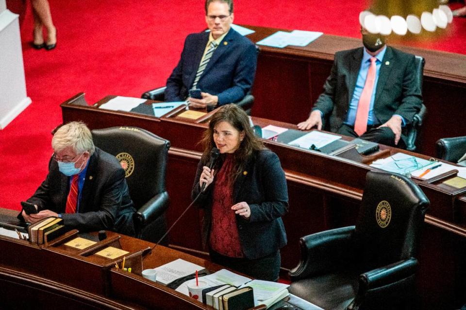 Watauga Republican Sen. Deanna Ballard, center, speaks on the Senate floor prior to a failed veto override vote on SB 37, the schools reopening bill Gov. Cooper vetoed, Monday, March 1, 2021 at North Carolina General Assembly. Some North Carolina schools have been remote-only for nearly a year.