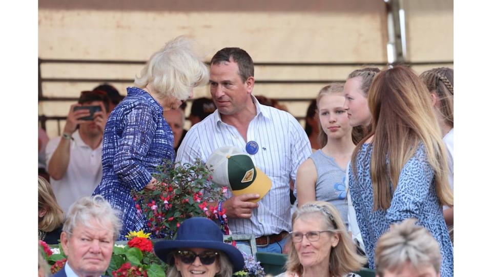 Queen Camilla, Peter Phillips, Isla Phillips and Savannah Phillips attend the final day of the Badminton Horse Trials 2024 