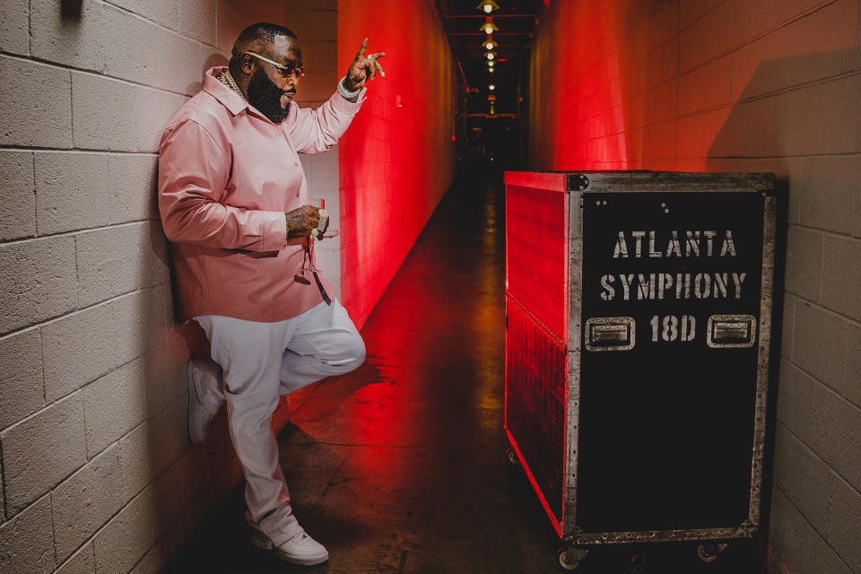 Rick Ross performs with Orchestra Noir during Red Bull Symphonic rehearsals at the Atlanta Symphony Hall in Atlanta, Georgia on November 4th, 2022.