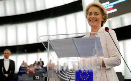 Elected European Commission President Ursula von der Leyen delivers a speech after a vote on her election at the European Parliament in Strasbourg