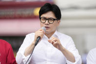 The ruling People Power Party's leader Han Dong-hoon speaks during his party's parliamentary election campaign in Seoul, South Korea, Thursday, April 4, 2024. As South Koreans prepare to vote for a new 300-member parliament next week, many are choosing their livelihoods and other domestic topics as their most important election issues. (AP Photo/Lee Jin-man)