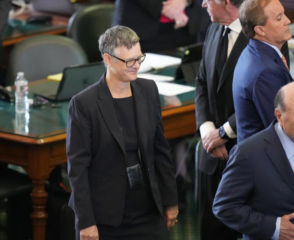 Sen. Sarah Eckhardt, D - Austin, arrives for the impeachment trial of Attorney General Ken Paxton at the Capitol on Tuesday September 5, 2023.