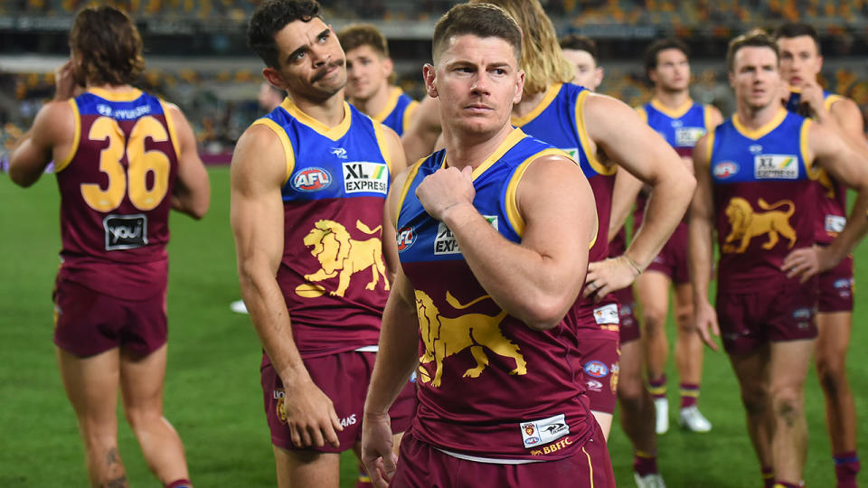 Dayne Zorko was heaviliy criticised after round 23, with much of the AFL world condemning his sledge against Melbourne's Harrison Petty. (Photo by Albert Perez/AFL Photos via Getty Images)