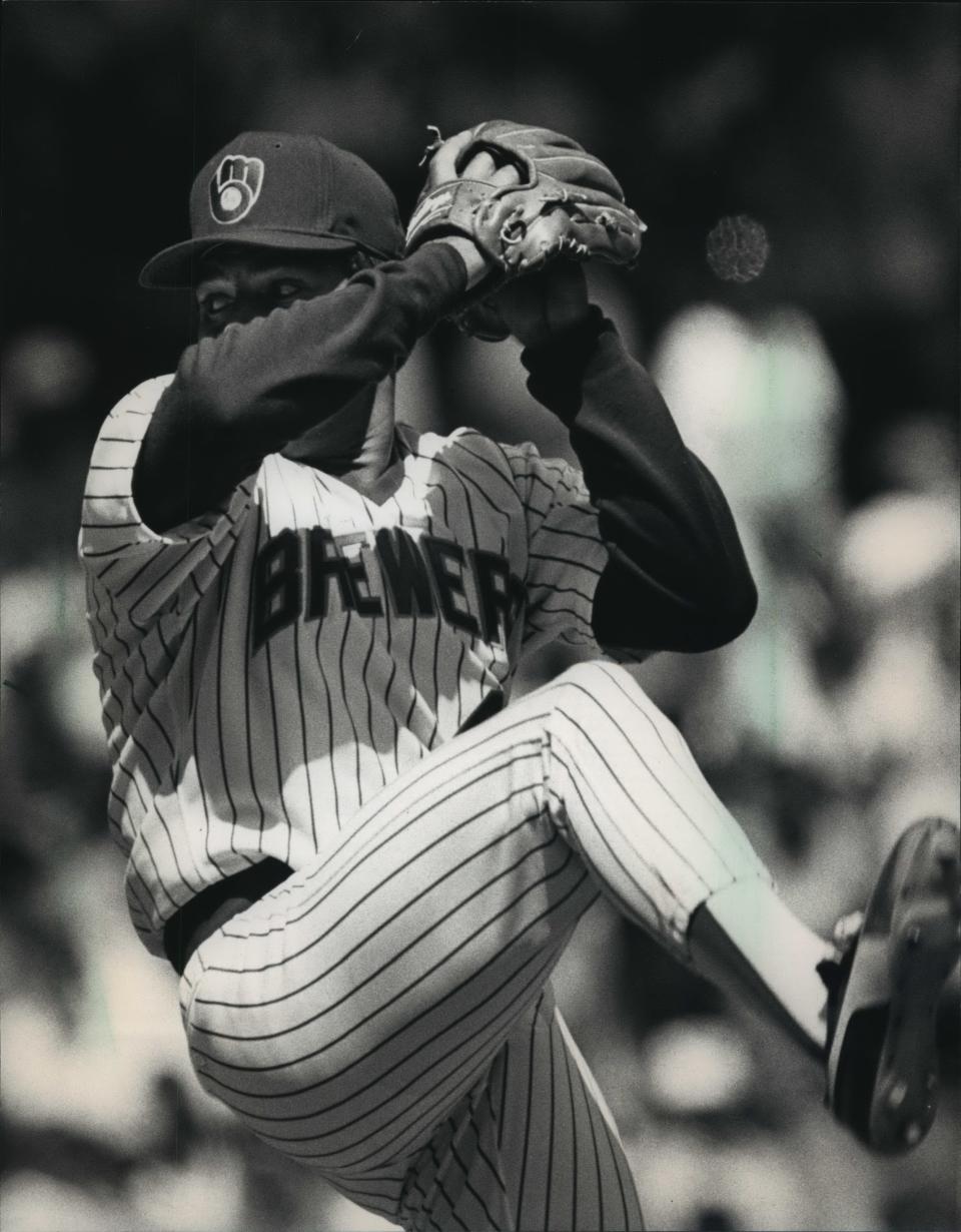 Teddy Higuera winds up for a pitch in 1988.