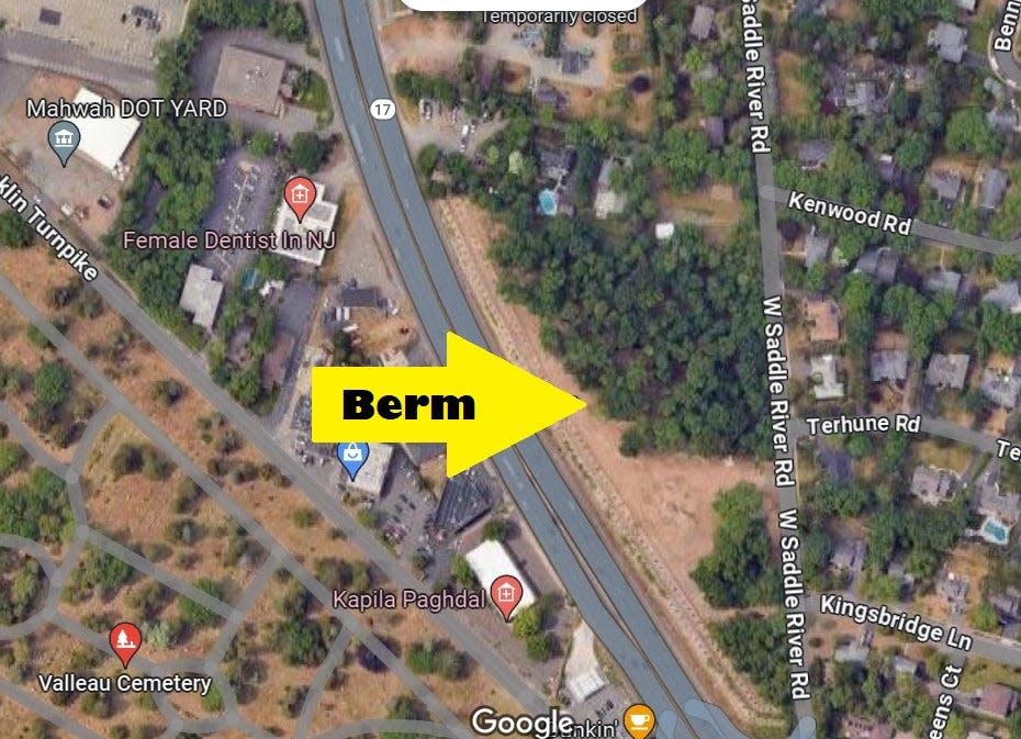 The NJ Department of Environmental Protection has ordered a retesting of dirt used to construct a 1,100-foot-long berm along Route 17 north constructed 2019-2020 to provide noise and security protection for the historic Schedler house property immediately east of the berm.