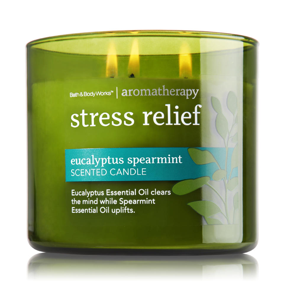 <p>Give the gift of tranquility and stress relief with this eucalyptus spearmint candle. </p><p>Buy it <a rel="nofollow noopener" href="http://www.bathandbodyworks.com/product/?productId=31340926" target="_blank" data-ylk="slk:here;elm:context_link;itc:0;sec:content-canvas" class="link ">here</a> for $13 (originally $23).</p>