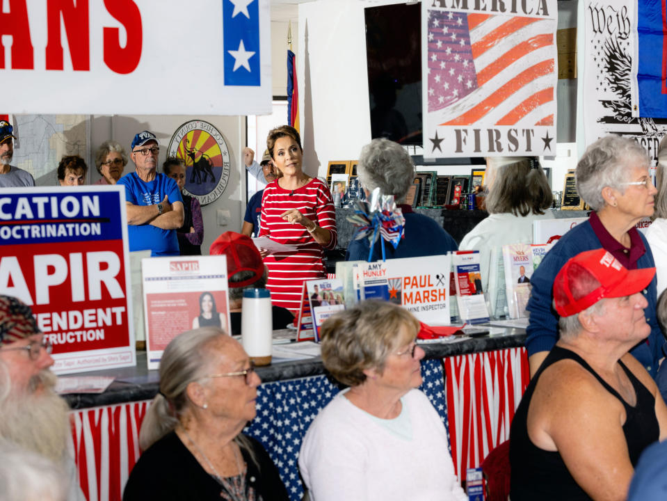 Kari Lake, a Republican running for governor of Arizona, answers questions at a campaign event in Sierra Vista, in Arizona's Cochise County, on March 31, 2022.<span class="copyright">Cassidy Araiza—The New York Times/Redux</span>