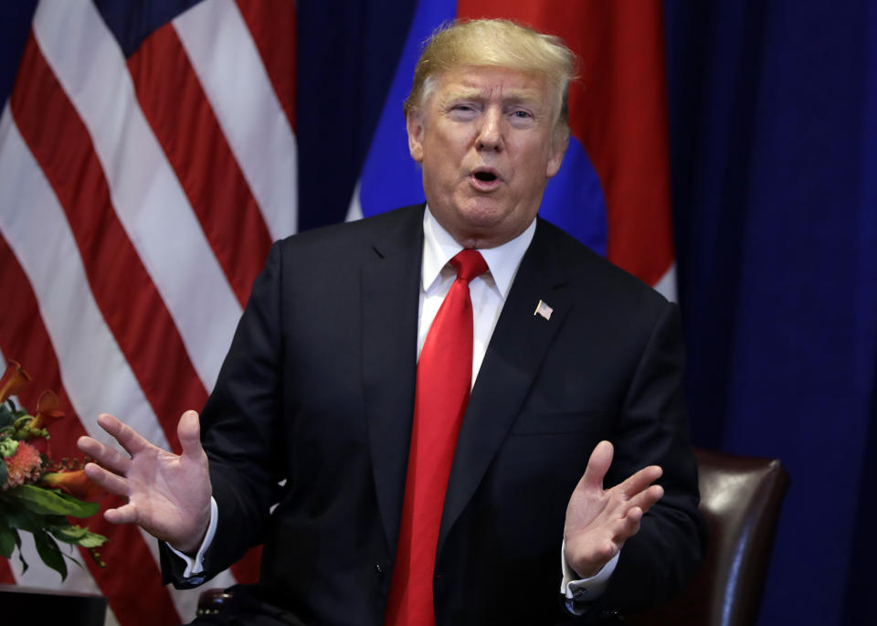 President Donald Trump speaks during a meeting with South Korean President Moon Jae-In at the Lotte New York Palace hotel during the United Nations General Assembly, Monday, Sept. 24, 2018, in New York. (AP Photo/Evan Vucci)