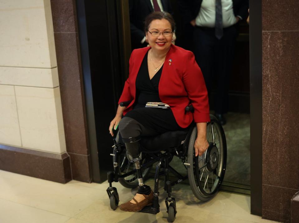 WASHINGTON, DC - SEPTEMBER 20: Sen. Tammy Duckworth (D-IL) arrives for a briefing on Ukraine at the U.S. Capitol on September 20, 2023 in Washington, DC. The Illinois Senator uses a wheelchair and has prosthetic legs after her helicopter was shot down in Iraq. (Getty Images)