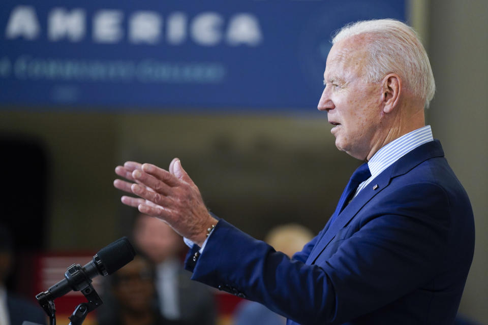 President Joe Biden delivers remarks on the economy at the Cuyahoga Community College Metropolitan Campus, Thursday, May 27, 2021, in Cleveland. (AP Photo/Evan Vucci)