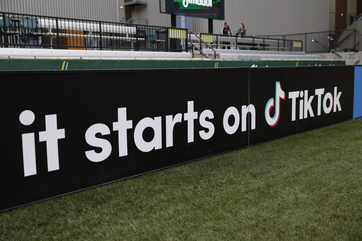 Apr 23, 2022; Portland, Oregon, USA; TikTok signage before the game between the Portland Timbers and the Real Salt Lake at Providence Park. Mandatory Credit: Soobum Im-USA TODAY Sports