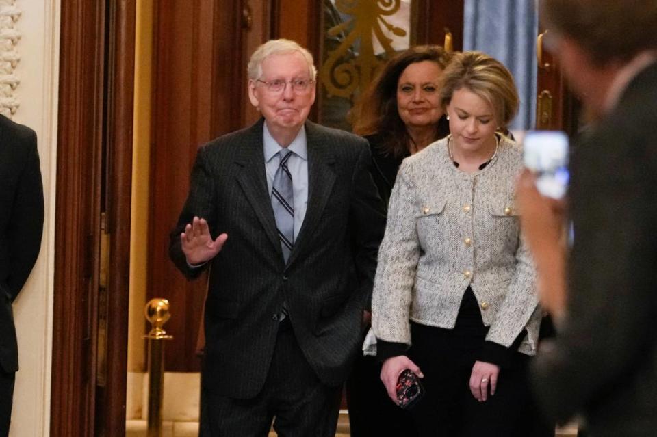 Senate Minority Leader Mitch McConnell of Ky., walks off the Senate floor after speaking, Wednesday, Feb. 28, 2024 at the Capitol in Washington. McConnell says he’ll step down as Senate Republican leader in November. The 82-year-old Kentucky lawmaker is the longest-serving Senate leader in history. He’s maintained his power in the face of dramatic changes in the Republican Party.
