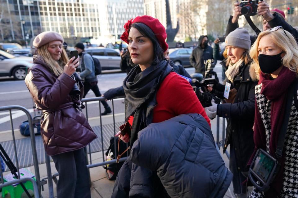 Sarah Ransome, an alleged victim of Jeffrey Epstein and Ghislaine Maxwell, arrives to the courthouse for the start of Maxwell's trial in New York, Monday, Nov. 29, 2021. Two years after Jeffrey Epstein's suicide behind bars, a jury is set to be picked Monday in New York City to determine a central question in the long-running sex trafficking case: Was his longtime companion, Ghislaine Maxwell, Epstein's puppet or accomplice? (AP Photo/Seth Wenig)