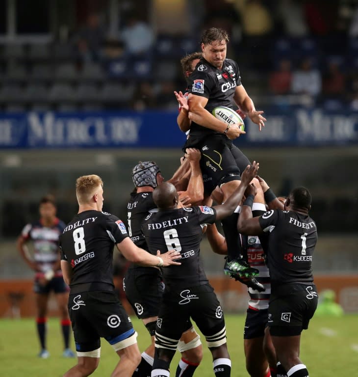 The Sharks' Etienne Oosthuizen wins a line-out ball during their Super Rugby match against the Rebels, at Kingspark stadium in Durban, on April 22, 2017