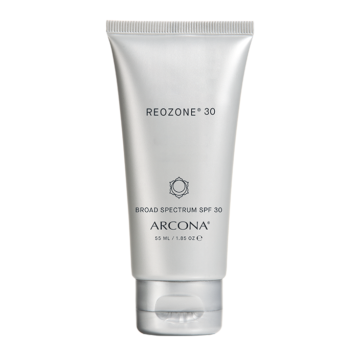 A silver bottle of Arcona Reozone Sunscreen