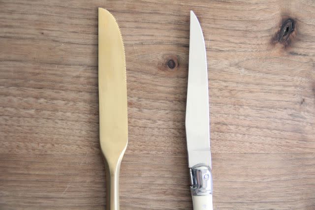 <p>Serious Eats / Madeline Muzzi</p> Both of these knives represent poorer performers: the left was too dull and the right was too sharp.
