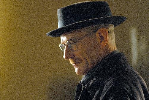 This image released by AMC shows Walter White, played by Bryan Cranston, wearing a Bollman 1940’s pork pie hat in a scene from the second season of "Breaking Bad." The series finale of the popular drama series aired on Sunday, Sept. 29. (AP Photo/AMC, Ursula Coyote)