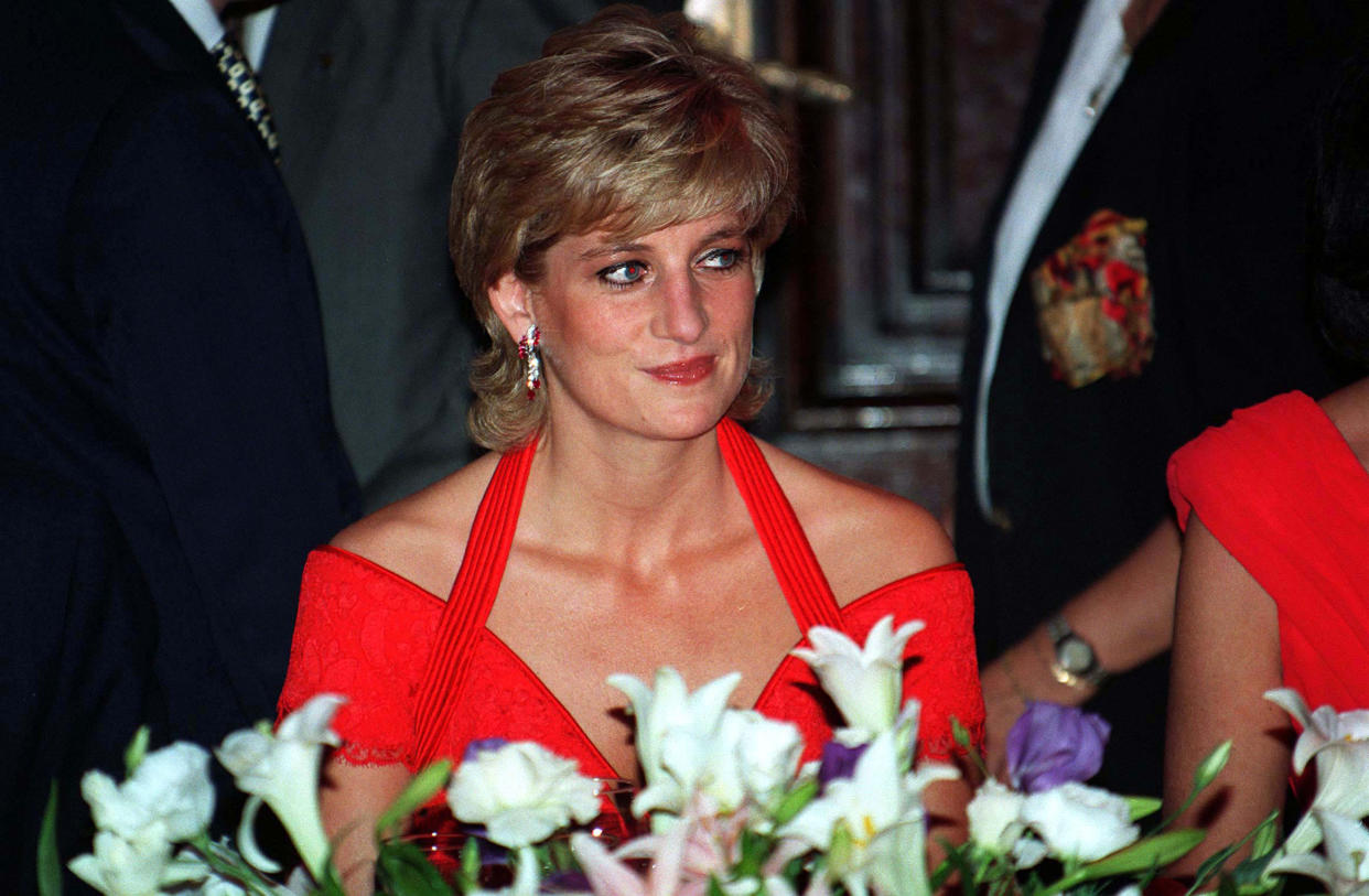 BUENOS AIRES, ARGENTINA - NOVEMBER 24:  Diana, Princess of Wales, wearing a red dress designed by Catherine Walker, attends a dinner in her honour on November 24, 1995 in Argentina. (Photo by Anwar Hussein/Getty Images)