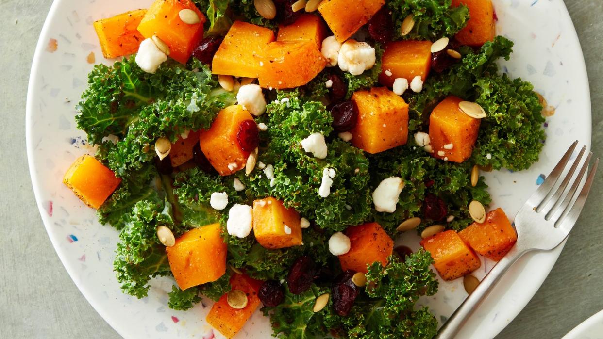 air fryer roasted butternut squash and kale salad with balsamic maple dressing