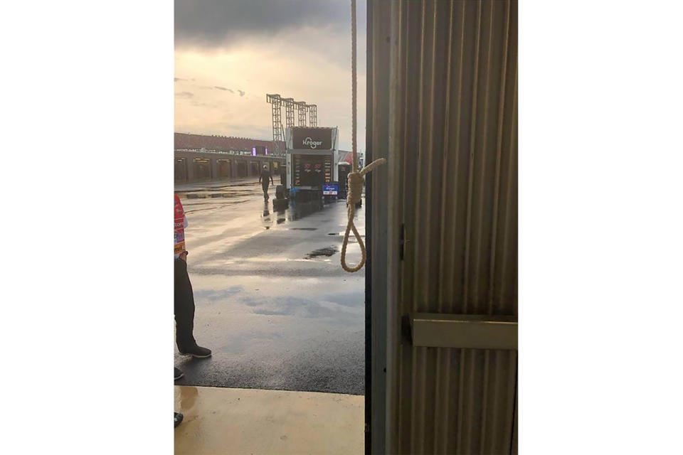 This photo provided by NASCAR shows the noose found in the garage stall of Black driver Bubba Wallace at Talladega Superspeedway in Talladega, Ala., on Sunday, June 21, 2020. “RACE: Bubba Wallace," is a Netflix docuseries that chronicles the only Black driver at NASCAR's top level and his professional rise and personal role in social justice issues. (NASCAR via AP)