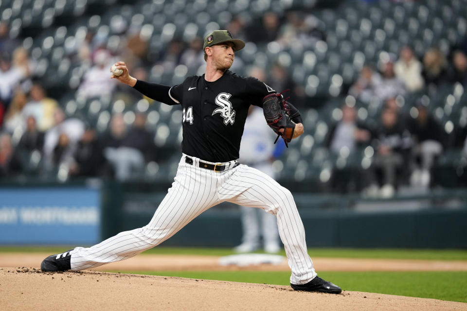 Chicago White Sox starting pitcher Michael Kopech delivers during the first inning of the team's baseball game against the Kansas City Royals on Friday, May 19, 2023, in Chicago. (AP Photo/Charles Rex Arbogast)