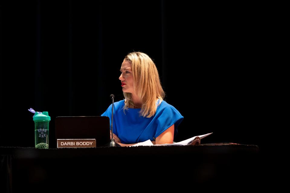 Darbi Boddy, member of the Lakota Local Schools Board of Education, speaks during a school board meeting at Lakota East Freshman School, on Monday, June 5, 2023.