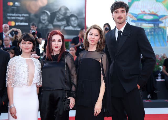 <p>Daniele Venturelli/WireImage</p> Cailee Spaeny, Priscilla Presley, Sofia Coppola and Jacob Elordi attend a red carpet for <em>Priscilla</em> at the Venice Film Festival on Sept. 4, 2023
