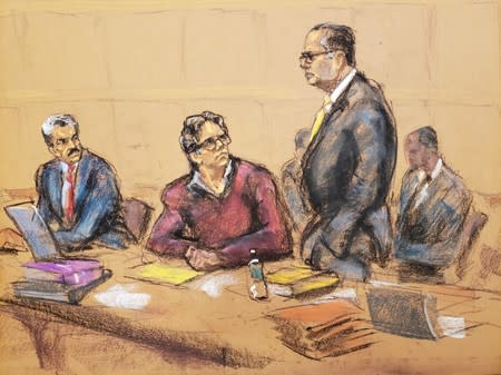 Defense attorney Marc Agnifolo speaks in this courtroom sketch in the trial of Nxivm leader Keith Raniere as Paul DerOhannesian looks on in U.S. Federal Court in Brooklyn