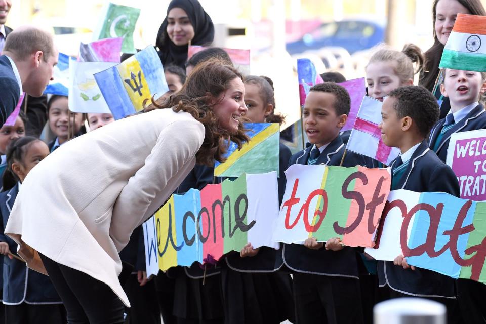 <p>Kate chats with children welcoming her to SportsAid at the Copperbox Arena in London.</p>