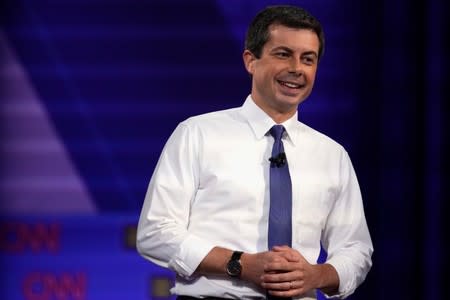 Democratic 2020 U.S. presidential candidate South Bend, Indiana Mayor Pete Buttigieg participates in a televised townhall on CNN dedicated to LGBTQ issues in Los Angeles, California