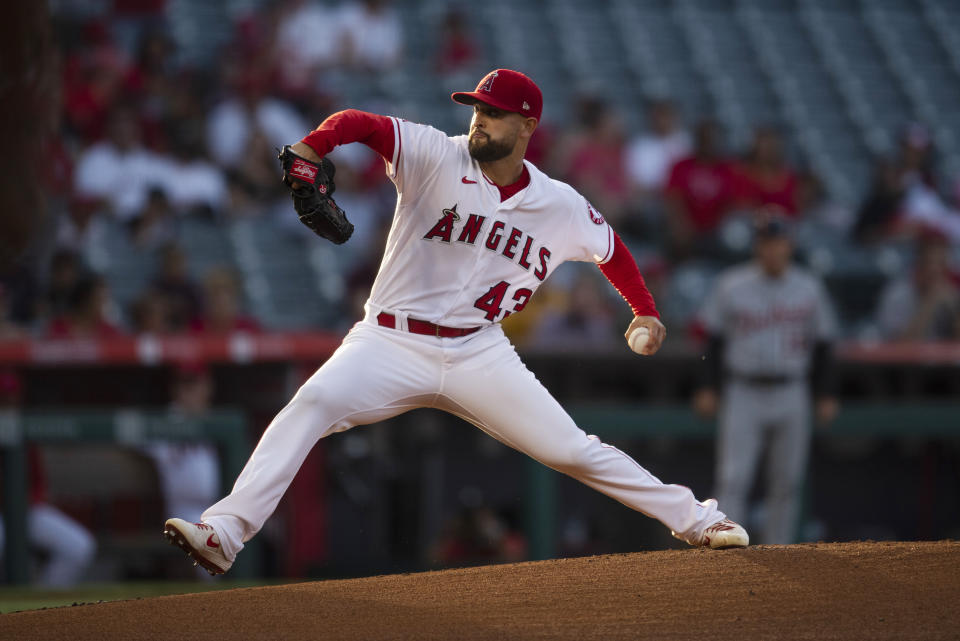 Los Angeles Angels starting pitcher Patrick Sandoval winds up during the first inning of the team's baseball game against the Detroit Tigers in Anaheim, Calif., Saturday, June 19, 2021. (AP Photo/Kyusung Gong)