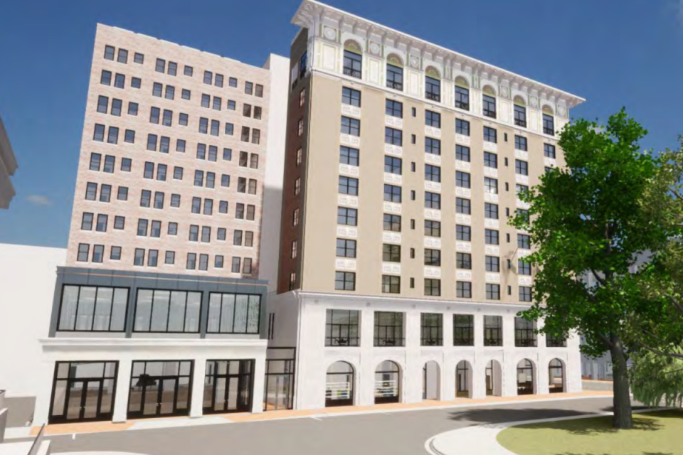A rendering of the proposed repurposing of the historic Manger Building into a hotel and the new event space.
