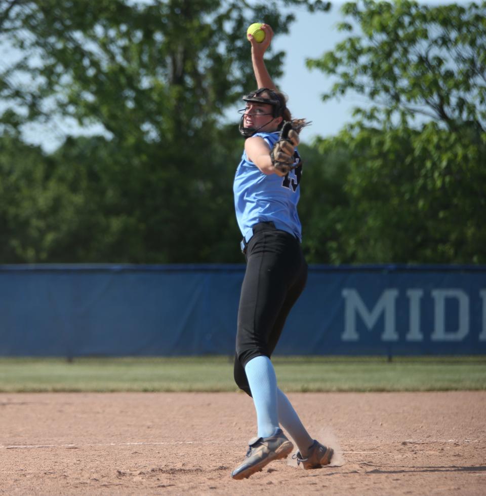 Rye Neck's, Katie Blanch pitches during the Class B Subregional softball game versus Marlboro on May 30, 2023. 