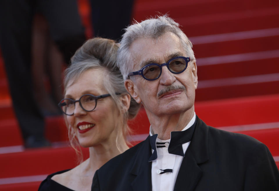 Donata Wenders, left, and Wim Wenders pose for photographers upon arrival at the awards ceremony during the 76th international film festival, Cannes, southern France, Saturday, May 27, 2023. (Photo by Joel C Ryan/Invision/AP)