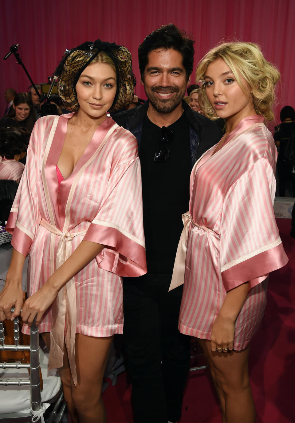 Gigi Hadid with fellow model Rachel Hilbert and shoe designer Brian Atwood backstage at the 2015 Victoria’s Secret Fashion Show. 