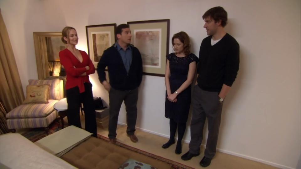 Jan, Michael, Pam, and Jim standing in the former two's bedroom in "The Office"