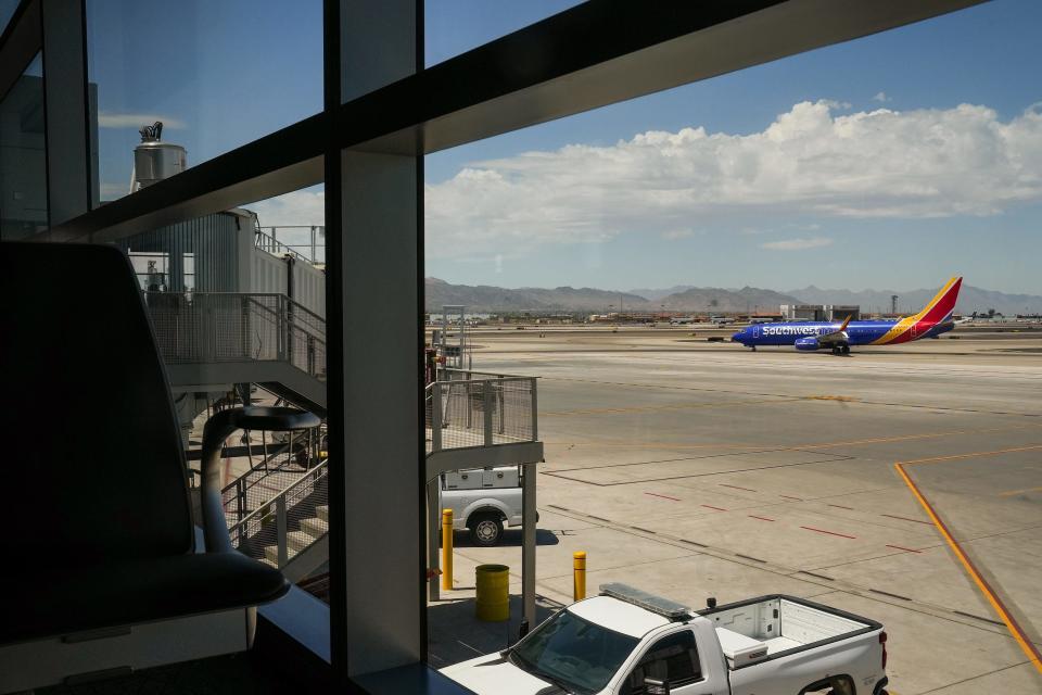 A Southwest Airlines plane on the tarmac at Phoenix Sky Harbor International Airport in June 2022.