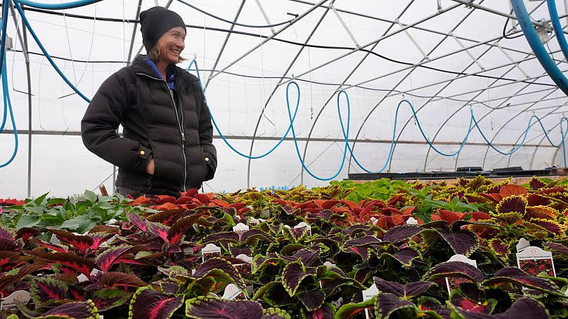 Η Katy Rogers, διευθύντρια φάρμας στο Teter Organic Farm and Retreat Center, στέκεται στο θερμοκήπιο της εγκατάστασης στις 21 Μαρτίου 2024 στο Noblesville της Ιντιάνα.