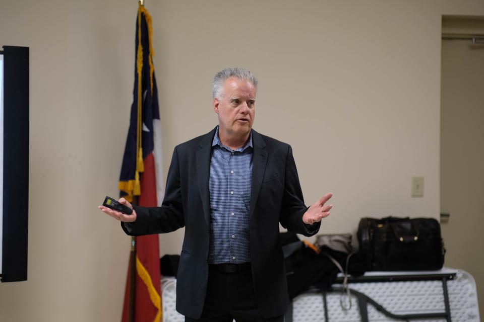 Will Gleason of the master plan consultant team goes over the process of how improvements will be looked at for the Tri-State Fairgrounds complex Wednesday.