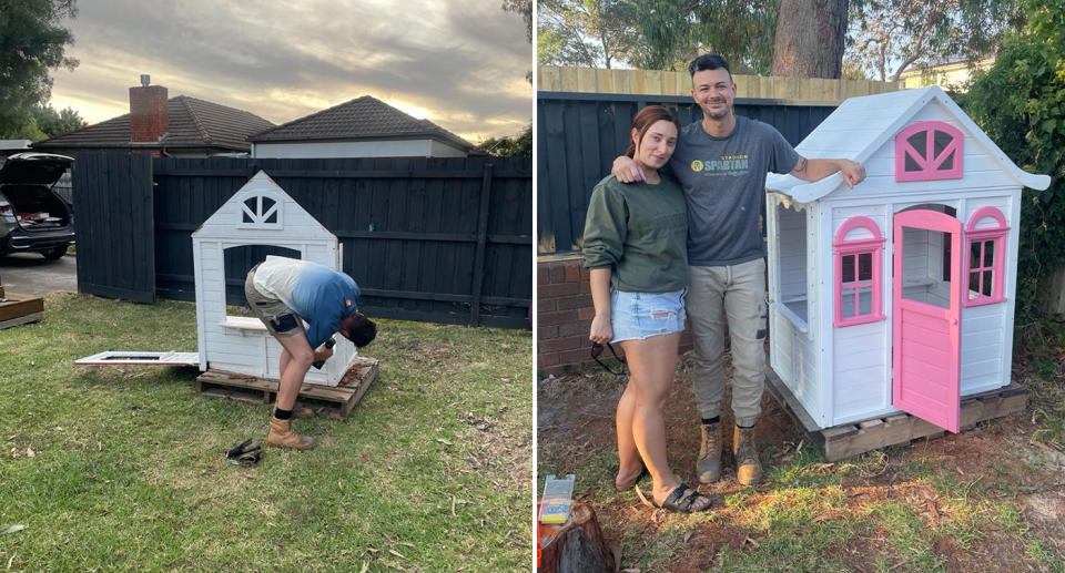 Left, Rob picking up the broken cubby. Right, Rob and Claire posing by the repaired cubby after delivering it. 