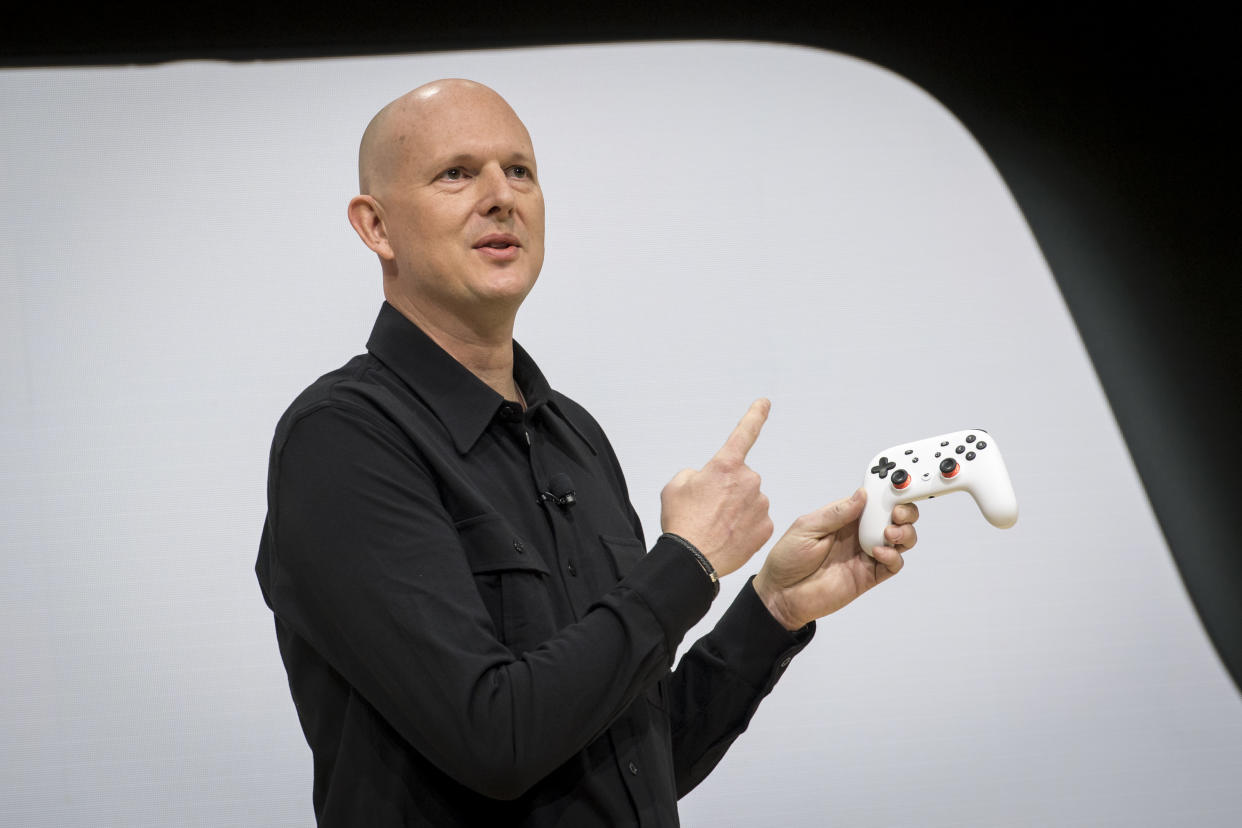 Phil Harrison, vice president of Google LLC, holds the new Google gaming controller during an event at the Game Developers Conference in San Francisco, California, U.S., on Tuesday, March 19, 2019. The Alphabet Inc. unit unveiled a new game streaming service called Stadia. The announcement marks a major new foray into the $180 billion industry for the internet giant. Photographer: David Paul Morris/Bloomberg via Getty Images