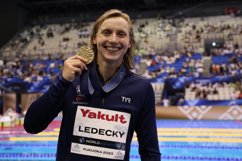 Gold medallist Katie Ledecky poses during the medal ceremony of the Women's 800m Freestyle Final.
