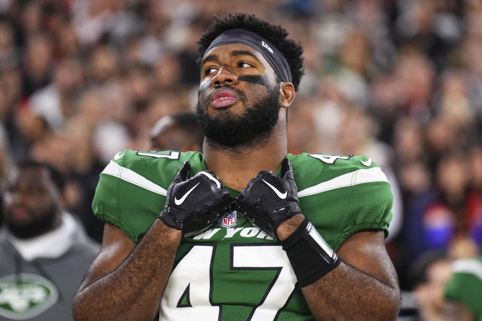 CLEVELAND, OH - DECEMBER 28: Bryce Huff #47 of the New York Jets looks on on from the sideline prior to an NFL football game against the Cleveland Browns at Cleveland Browns Stadium on December 28, 2023 in Cleveland, Ohio. (Photo by Cooper Neill/Getty Images)