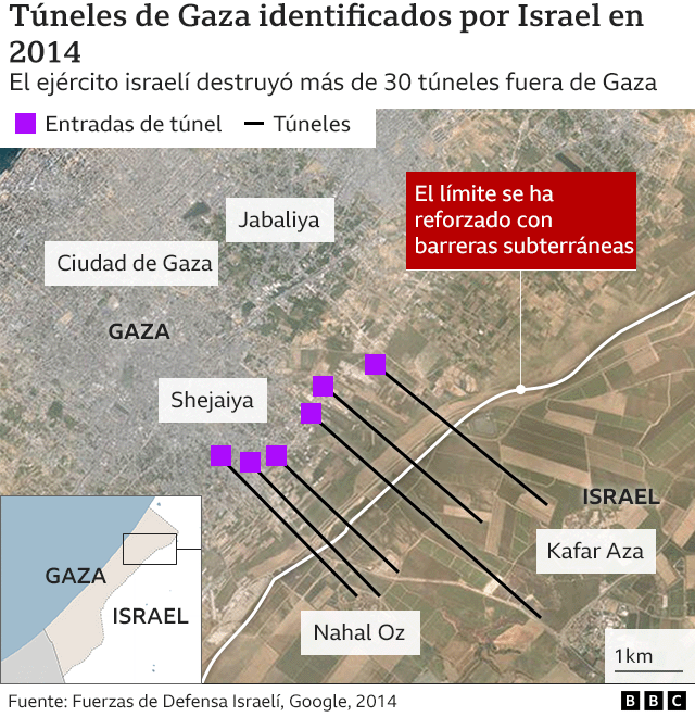 Mapa de los túneles identificados por Israel en 2014.