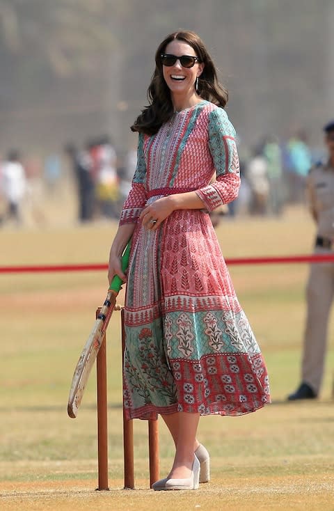 The Duchess of Cambridge plays cricket in wedge shoes and a dress in India last year