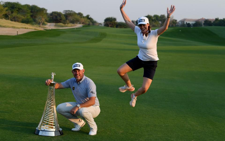 Westwood and Storey celebrate with the Race to Dubai trophy in December last year - GETTY IMAGES