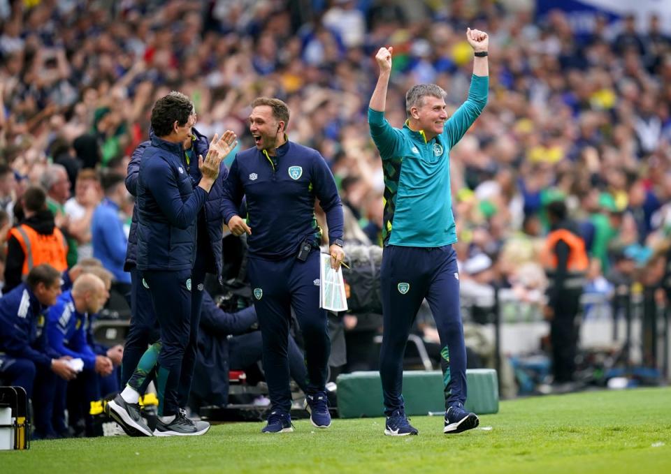 Republic of Ireland manager Stephen Kenny (right) saw his side beat Scotland 3-0 this summer (Niall Carson/PA) (PA Wire)